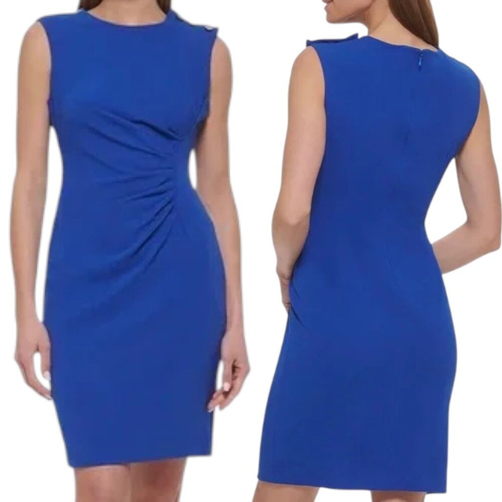 DKNY Royal Blue Midi Ruched Sheath Dress Women's Size 6 - Picture 2 of 11